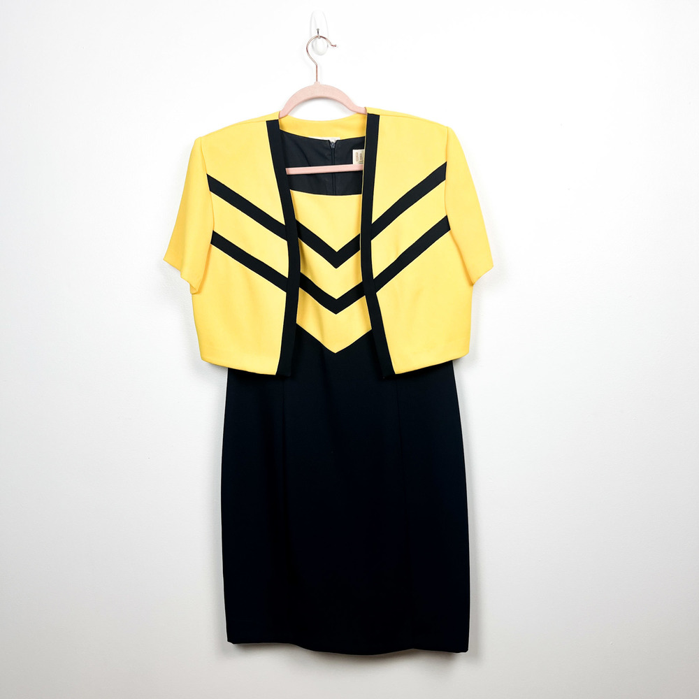 Vintage Braemar Yellow & Navy Dress w/ Short Sleeve Jacket & Shoulder Pads
